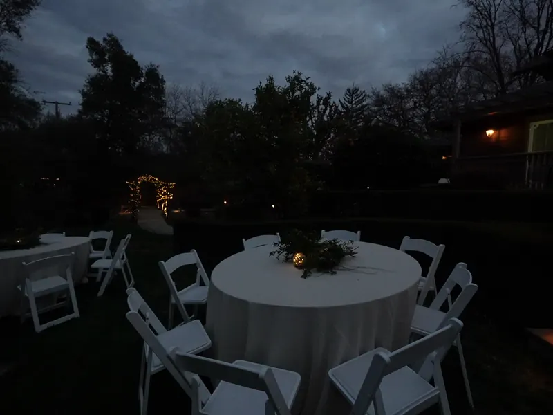 Outdoor buffet set up for a lagoon-side gathering in Foster City