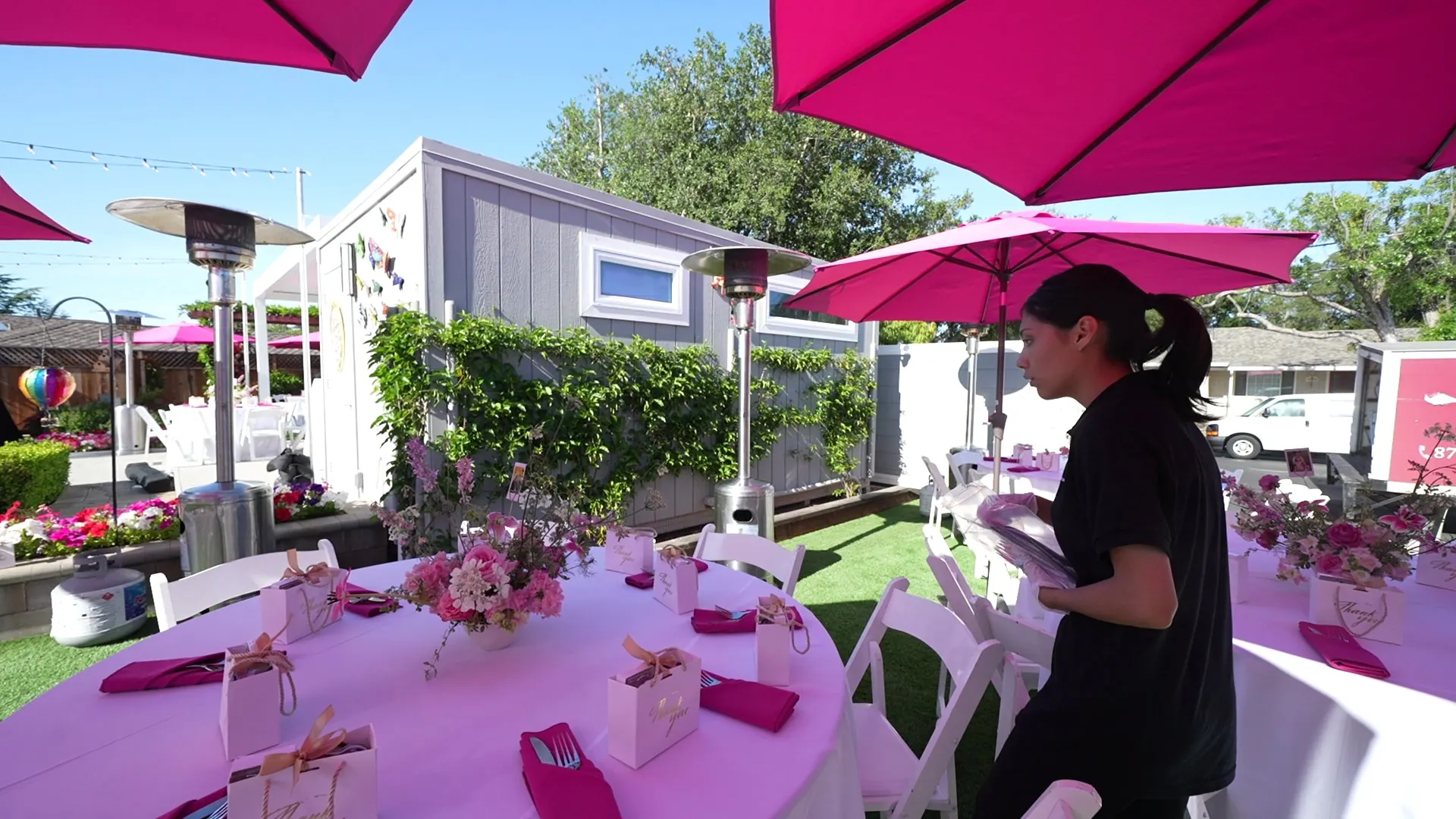 Long table set outdoors for a coastal reception dinner near Half Moon Bay