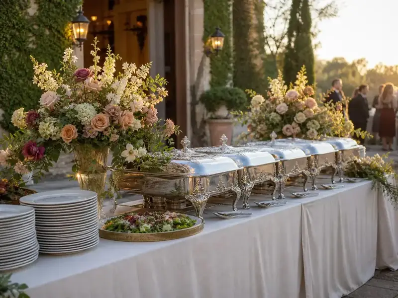 Winslow’s Catering Redwood City outdoor buffet framed by romantic floral arrangements, elegant white linens, and vintage silver serveware.