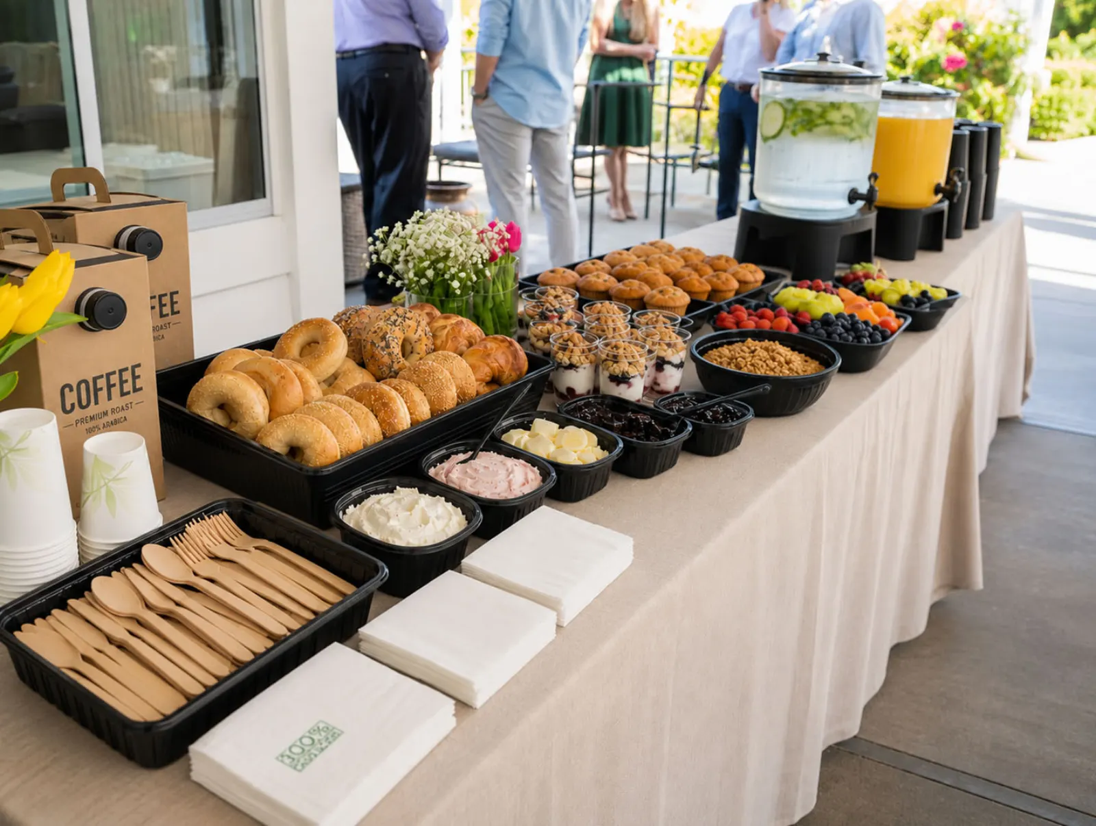 Drop-off continental breakfast display with bagels, muffins, yogurt parfaits with granola, fresh fruit and berries, coffee, iced water, and orange juice on a linen-draped outdoor buffet by Winslow's Catering Redwood City