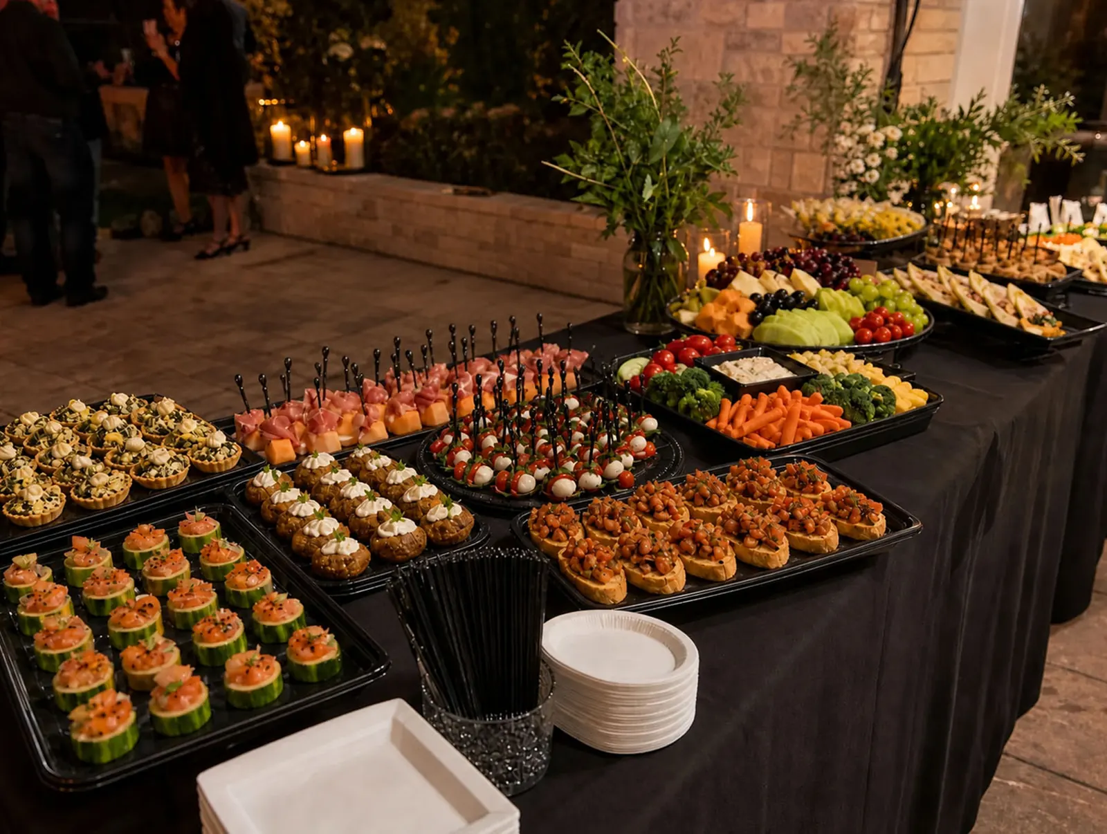 Elegant evening drop-off appetizer station with caprese skewers, prosciutto and melon, bruschetta, stuffed mushrooms, smoked salmon cucumber cups, artichoke tartlets, crudité, fresh fruit and cheese trays, and candlelit florals by Winslow's Catering Redwood City
