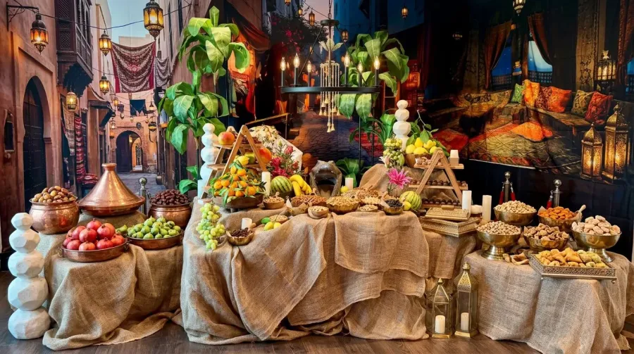 Themed evening event setup with lantern lighting, low seating and styled tables at a Peninsula venue by Winslow's Catering Redwood City