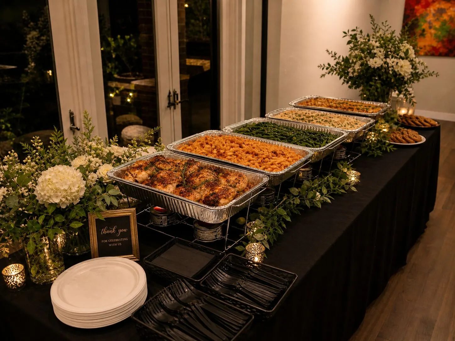 Delivered family-style dinner along a candle-lined table with compact bud vases threaded between platters — floral touches for Mountain View catering drop-offs