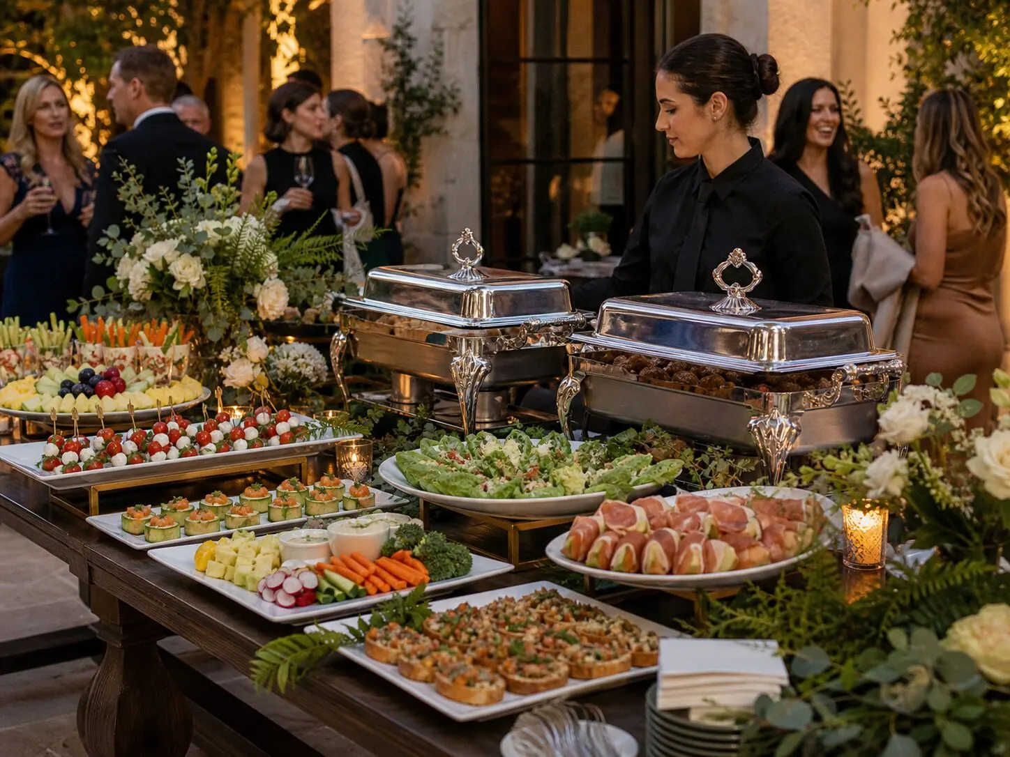 Attended garden appetizer station where warm chafers and skewer platters sit beside potted greenery and blossom accents — floral-styled starter service from Redwood City catering