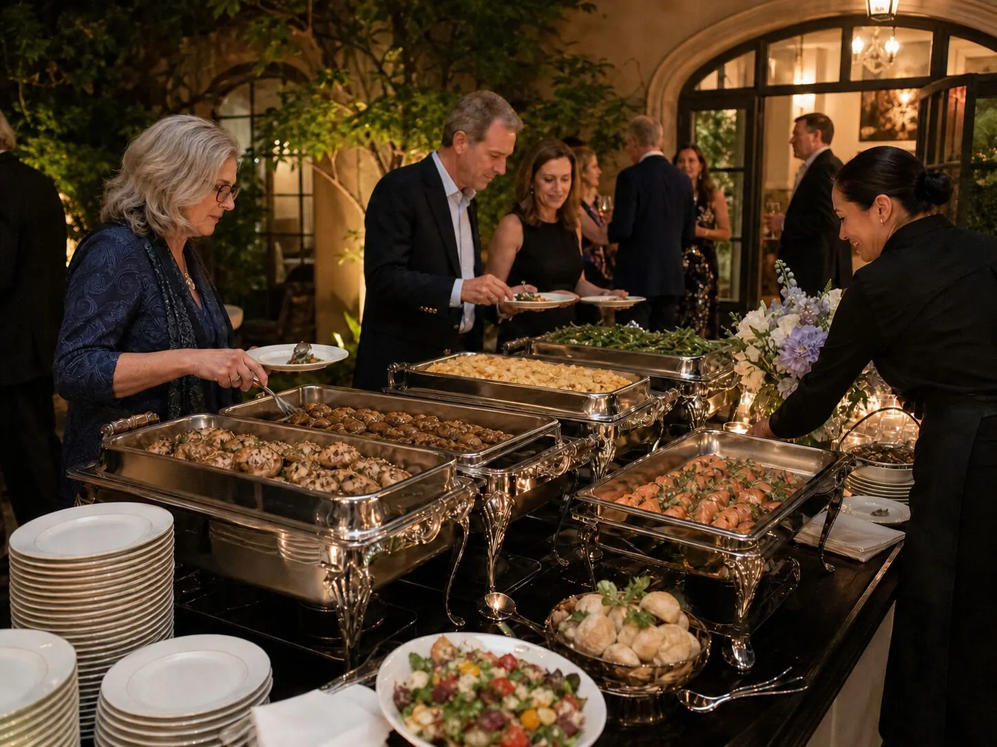 Staffed full-service dinner line with hot entrees and seasonal sides at a Peninsula evening event by Winslow's Catering Redwood City