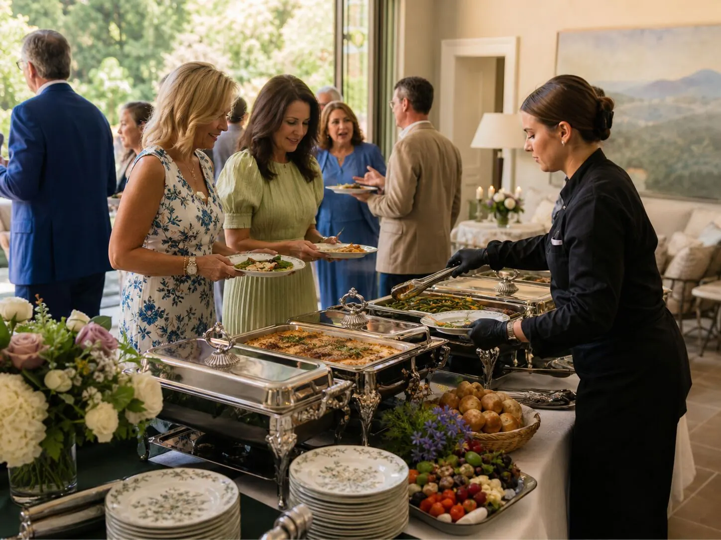 Server plating entrees from polished chafers for guests seated at a sunlit terrace luncheon — attended midday service for Atherton catering and private estate lunches