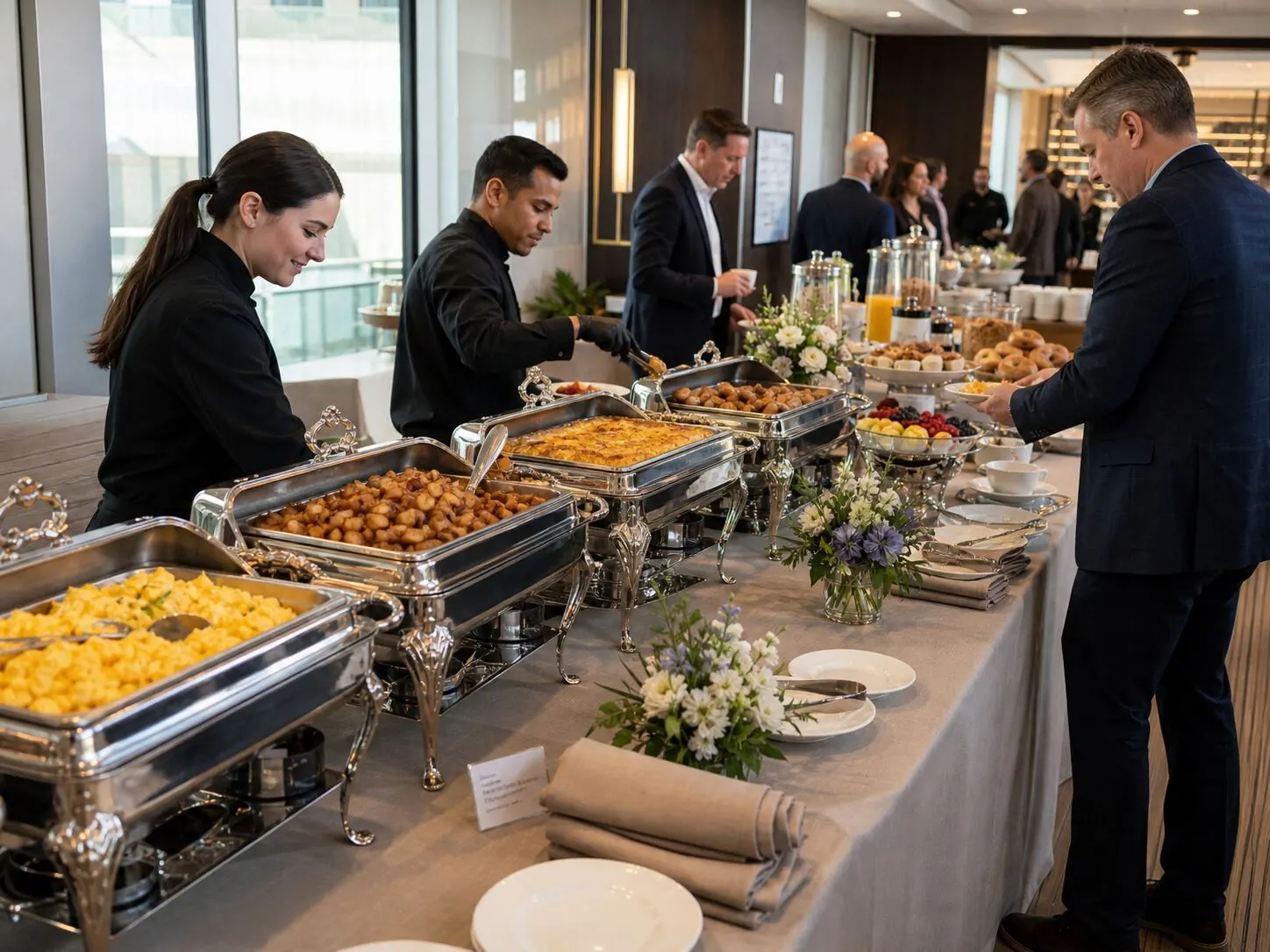 Uniformed attendants lifting chafer lids on a staffed breakfast line as guests file past with plates — attended morning service for Menlo Park catering and all-hands meetings