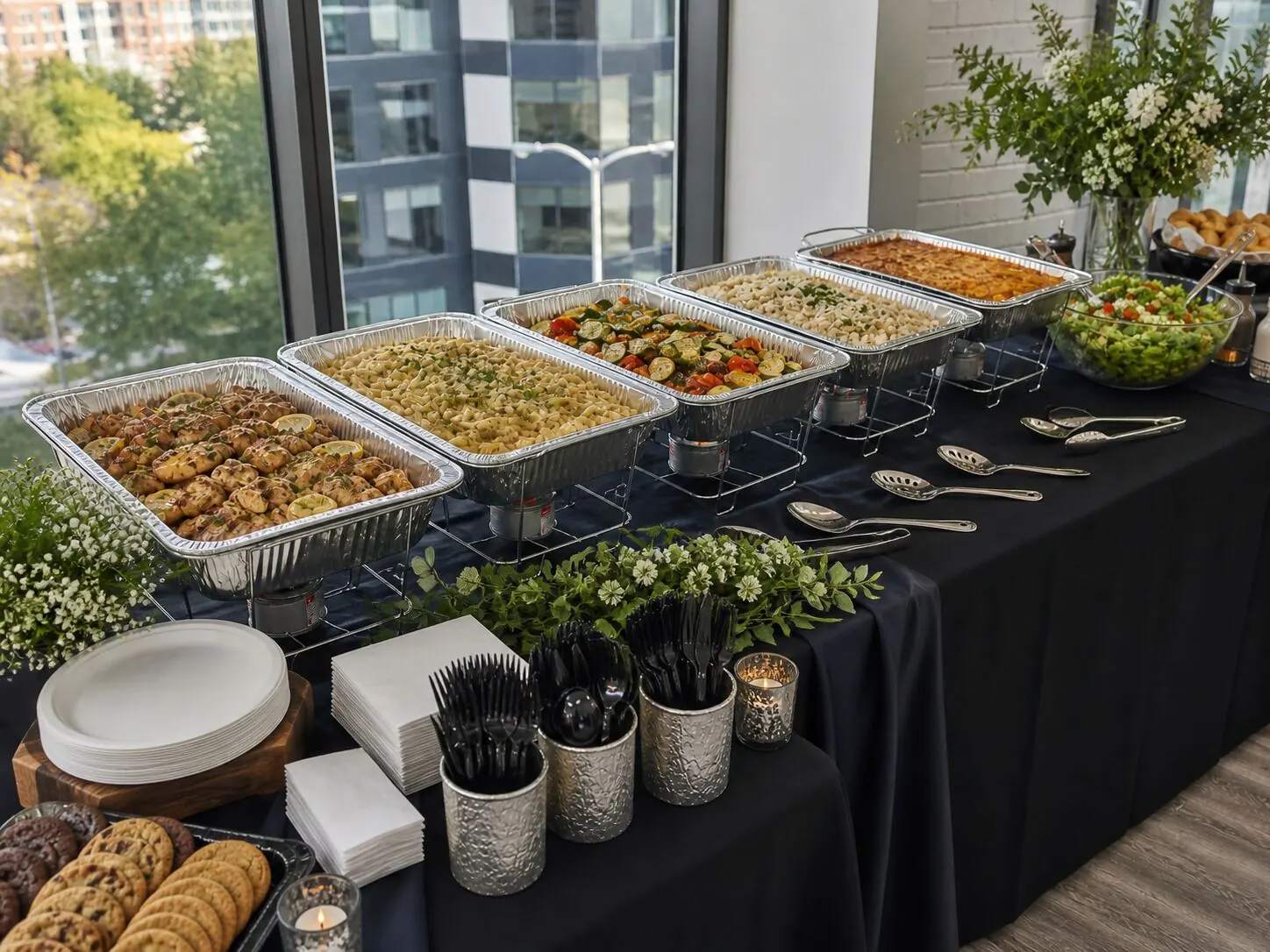 Midday buffet held hot in chafers with baked pasta, roasted vegetables, herbed potatoes, a tossed green salad and a tray of cookies and brownies — hot lunch delivery for San Mateo catering and Peninsula offices