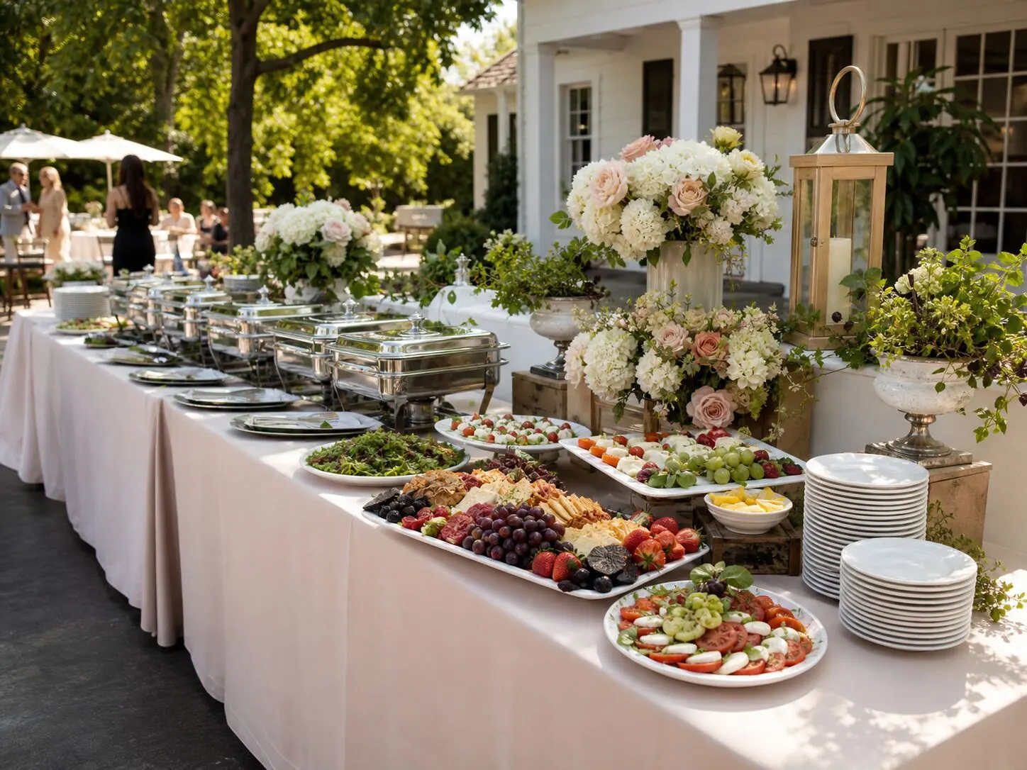 Outdoor buffet with salads, seasonal vegetables and carved entrees at a San Mateo County event by Winslow's Catering Redwood City